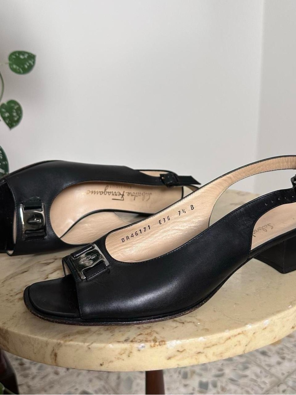 Vintage 90s Salvatore Ferragamo genuine leather designer heels, open toe.